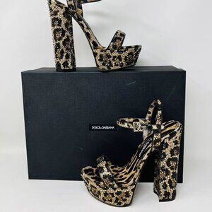 Dolce&Gabbana Keira Embellished Leopard 125MM Platform Sandals Heels 37.5 NEW